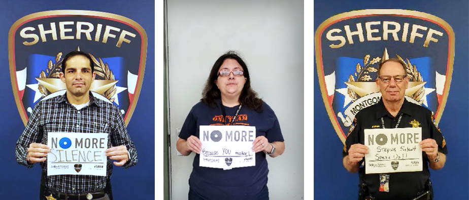 Photo of 3 Sheriff's Office employees holding up "No More" signs, supporting Campaign for Sexual Assault Awareness Month/